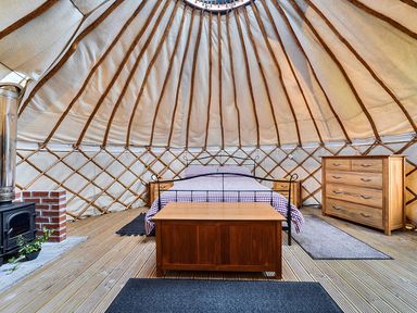 A bedroom with a bed and dresser at Yurt, Sleeps 2 with BBQ and Fire Pit, Tregooden Farm near St Tudy