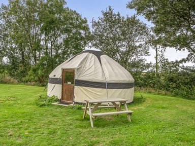 A yurt with a wooden door and picnic table at Yurt, Sleeps 2 with BBQ and Fire Pit, Tregooden Farm near St Tudy