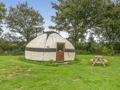 A yurt with a table in an outdoor area at Yurt, Sleeps 2 with BBQ and Fire Pit, Tregooden Farm near St Tudy