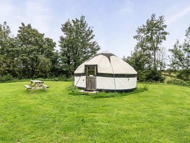 A yurt with a wooden door and a table at Yurt, Sleeps 5 and Dogs Welcome