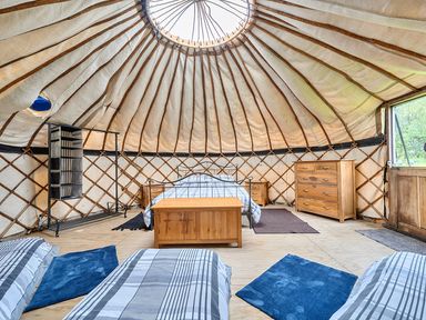 A bedroom with a bed and dresser at Yurt, Sleeps 5 and Dogs Welcome