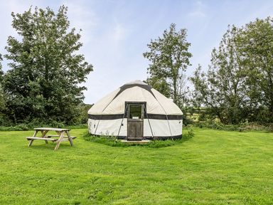 A yurt with a door and picnic table in an outdoor area at Yurt, Sleeps 5 and Dogs Welcome