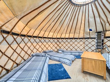 A yurt with beds and a table at Yurt, Sleeps 5 and Dogs Welcome