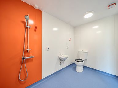 A bathroom with a shower, toilet and sink at Yurt, Sleeps 5 and Dogs Welcome
