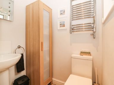 A bathroom with sink, toilet, storage cabinet and mirror at Craig Y Glyn