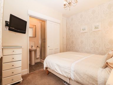 A bedroom with a bed, television, and shower area at Craig Y Glyn