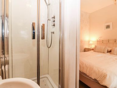 A bathroom with a shower and a bed in Craig Y Glyn