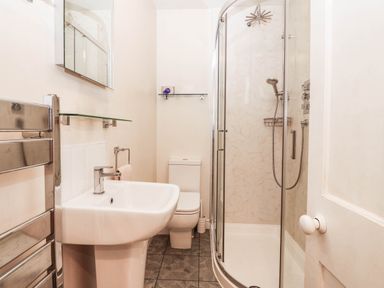 A bathroom with sink, toilet, and shower at Craig Y Glyn