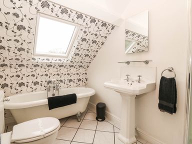 A bathroom with a bathtub, toilet, and sink at Craig Y Glyn