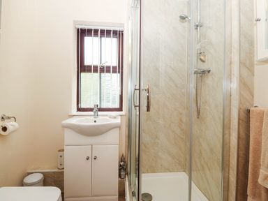 A bathroom with a shower and sink at Craig Y Glyn Cottage in Pwllheli