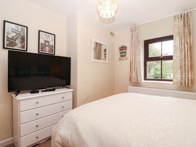 A bedroom with a television and a bed at Craig Y Glyn Cottage in Pwllheli