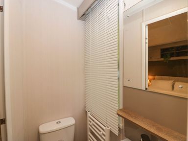 A bathroom with a toilet and mirror at Lake It Easy in Troutbeck Bridge