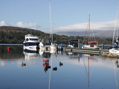 A marina with boats and ducks at Lake It Easy in Troutbeck Bridge