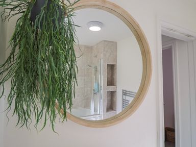 A bathroom with a mirror and plant at Bay View in Weymouth