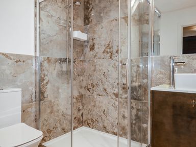 A bathroom with a shower, toilet, and sink at 1 Endellion View Wadebridge