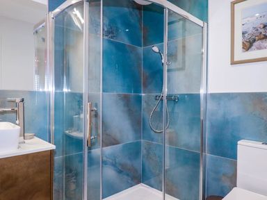 A bathroom with a shower and sink at 1 Endellion View Wadebridge