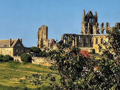 A view of ruins and a building with trees and grass at Jacks Place in Whitby