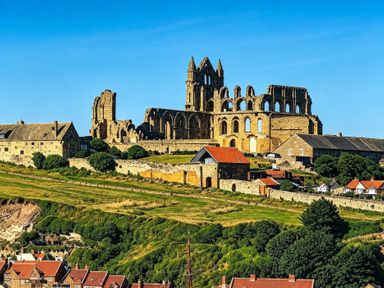 A view of Whitby Abbey and surrounding houses at Jacks Place in Whitby