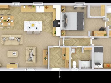 An indoor layout with living room, kitchen, dining area, and bedrooms at Hoburne Devon Bay - Woodland Glade 24 Paignton