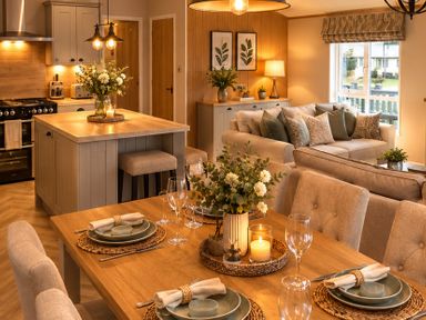 A living room and kitchen area with dining table and kitchen island at Hoburne Devon Bay - Woodland Glade 24 Paignton