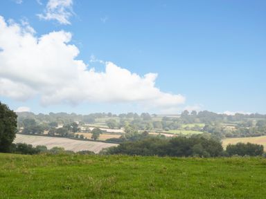A landscape with green fields trees and a blue sky with clouds at Little Cowarne Court in Little Cowarne near Bromyard