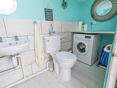 A bathroom with a toilet sink washing machine and cleaning supplies at Old Higher Lighthouse Stopes Cottage in Portland Bill