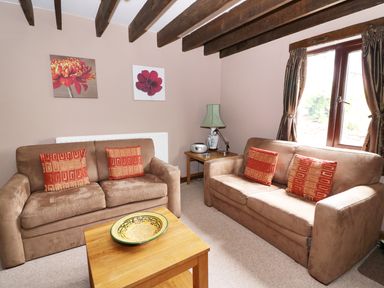 A living room with two brown sofas red patterned cushions wooden coffee table and side table with lamp and radio at Cedar Cottage in Llanidloes