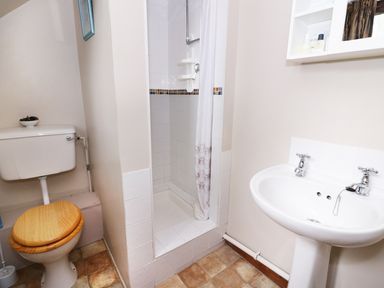 A bathroom with a toilet with wooden seat a shower with curtain and a pedestal sink at Cedar Cottage in Llanidloes
