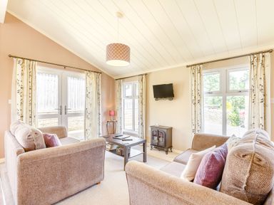 A living room with two sofas a coffee table a small stove and television at Lavender Lodge Charlton Horethorne near Sherborne