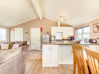 A kitchen and living area with brown sofas wooden chairs and white cabinets at Lavender Lodge in Charlton Horethorne near Sherborne