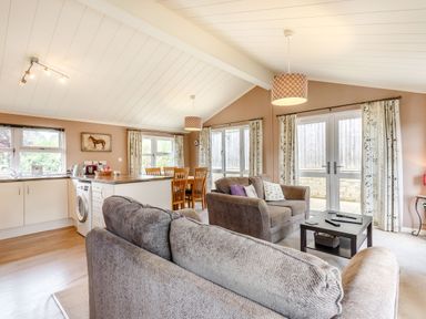 A living room and kitchen with sofas dining table and coffee table at Lavender Lodge in Charlton Horethorne near Sherborne