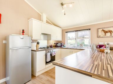 A kitchen with white cabinets a wooden countertop a refrigerator a stove a microwave and a window at Lavender Lodge Charlton Horethorne near Sherborne