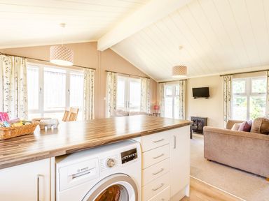An open living area with a kitchen island and washing machine a sofa a wall-mounted tv and windows with curtains at Lavender Lodge in Charlton Horethorne near Sherborne