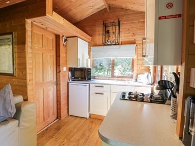 A kitchen with wooden walls and ceiling a microwave kettle and stove at The Log Cabin in Oban