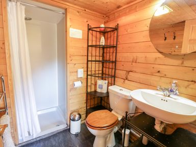 A bathroom with a shower area with curtain a toilet with wooden seat a sink with soap and a round mirror on wooden walls at The Log Cabin in Oban