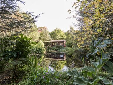 A wooden cabin by a pond surrounded by dense green trees and plants at The Log Cabin in Oban
