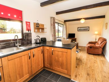 A kitchen with wooden cabinets and black countertop opening to a living area with a brown armchair and TV at Primrose Lodge in Saltburn-by-the-Sea