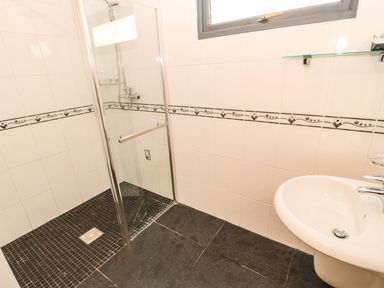 A bathroom with a walk-in shower and a sink at Primrose Lodge in Saltburn-by-the-Sea