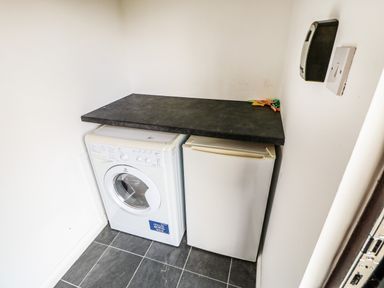 A laundry room with a washing machine and a small refrigerator under a black countertop at Primrose Lodge in Saltburn-by-the-Sea