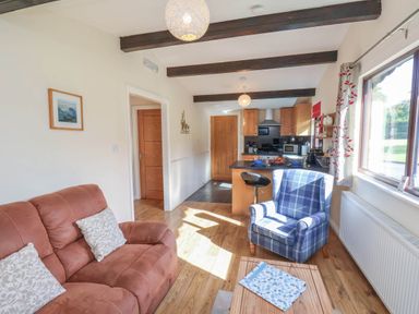 A living room with a sofa and an armchair at Primrose Lodge in Saltburn-by-the-Sea