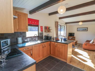 A kitchen with cabinets and appliances at Primrose Lodge in Saltburn-by-the-Sea