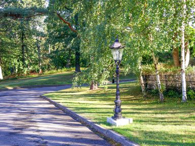 A lamp post beside a road with trees and grass at Primrose Lodge in Saltburn-by-the-Sea