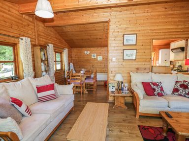 A living room with two sofas dining table bookshelf and wooden walls at Striding Edge White Cross Bay near Troutbeck Bridge
