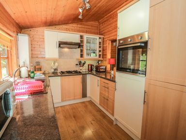 A kitchen with wooden walls and ceiling white and wood cabinets a built-in oven gas stove microwave and pink dish rack at Striding Edge White Cross Bay near Troutbeck Bridge