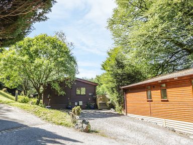 A driveway between two wooden cabins surrounded by trees at Striding Edge in White Cross Bay near Troutbeck Bridge
