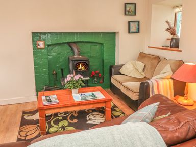 A living room with a green fireplace a wood stove two sofas a wooden coffee table with flowers and magazines at Nanas House in Allihies County Cork