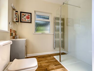 A bathroom with a toilet sink cabinet window framed picture wall mirror and a walk in shower at Eden House in Bardsea