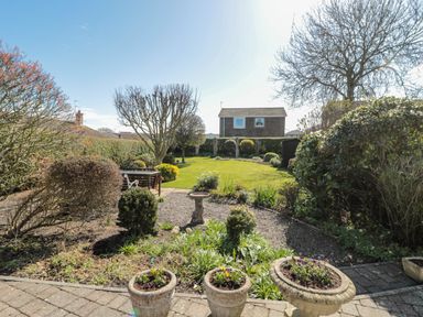A garden with potted flowers shrubs lawn and trees at Lyndhurst Cottage in Beadnell
