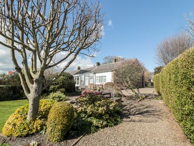 A garden path with trees bushes and outdoor furniture next to a house at Lyndhurst Cottage in Beadnell