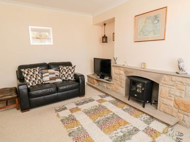 A living room with a black leather sofa cushions a TV on a stone fireplace and a patterned rug on the floor at Lyndhurst Cottage in Beadnell